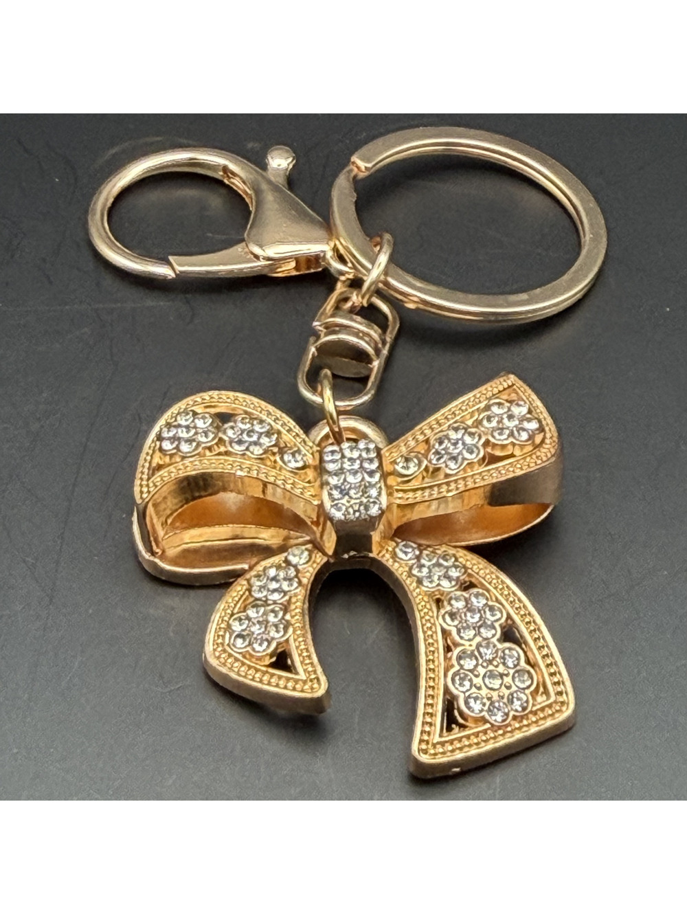 Gold Tone Rhinestone Bow Keychain